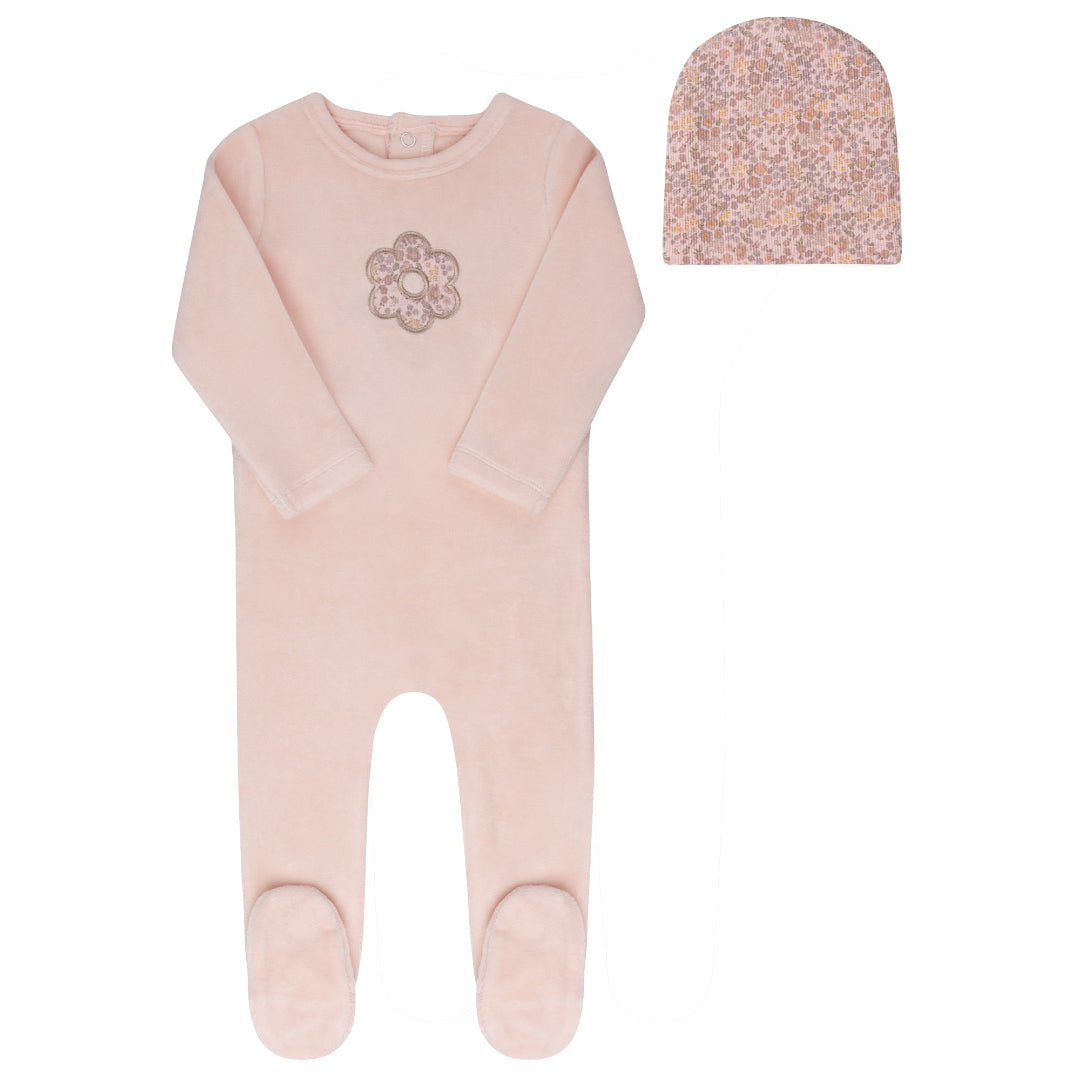 Pink Floral Velour Liberty Footie+Beanie