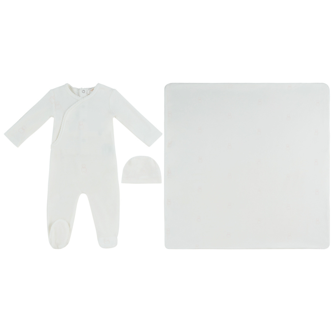 Pink Petit Ours Pattern Velour Footie Hat and Blanket Set