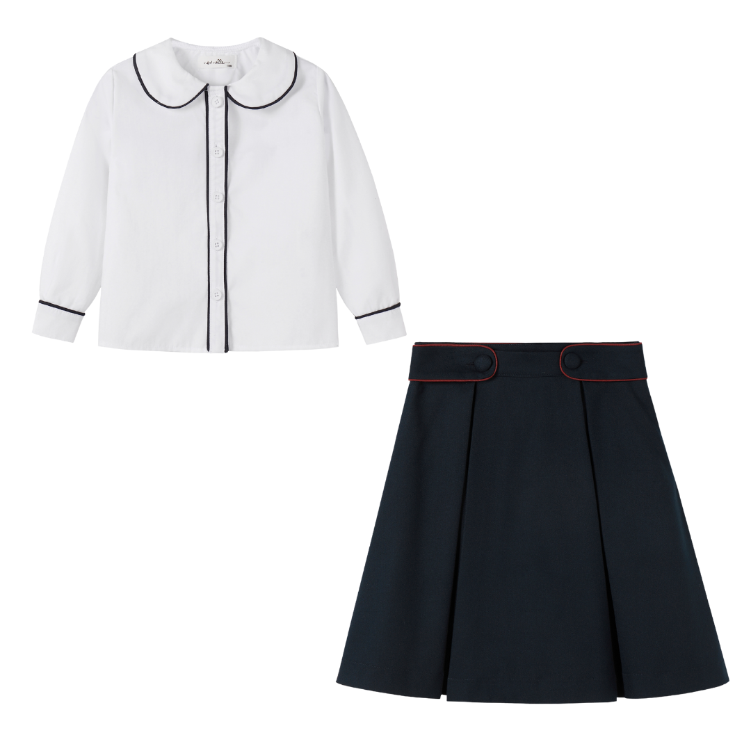 Navy Piped Skirt Set