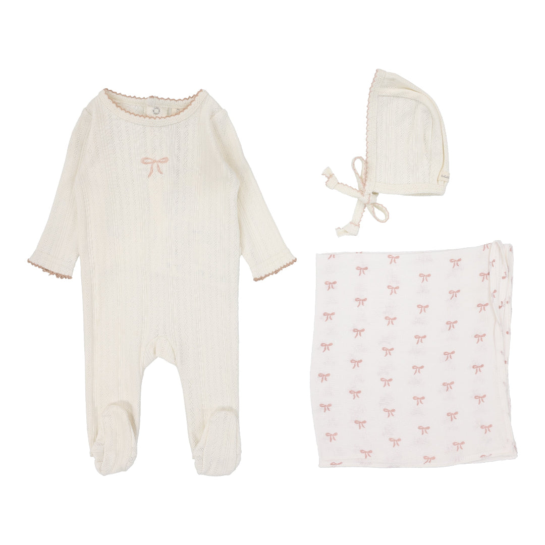 Cream/Pink Pointelle Graphic Layette  Set Bow