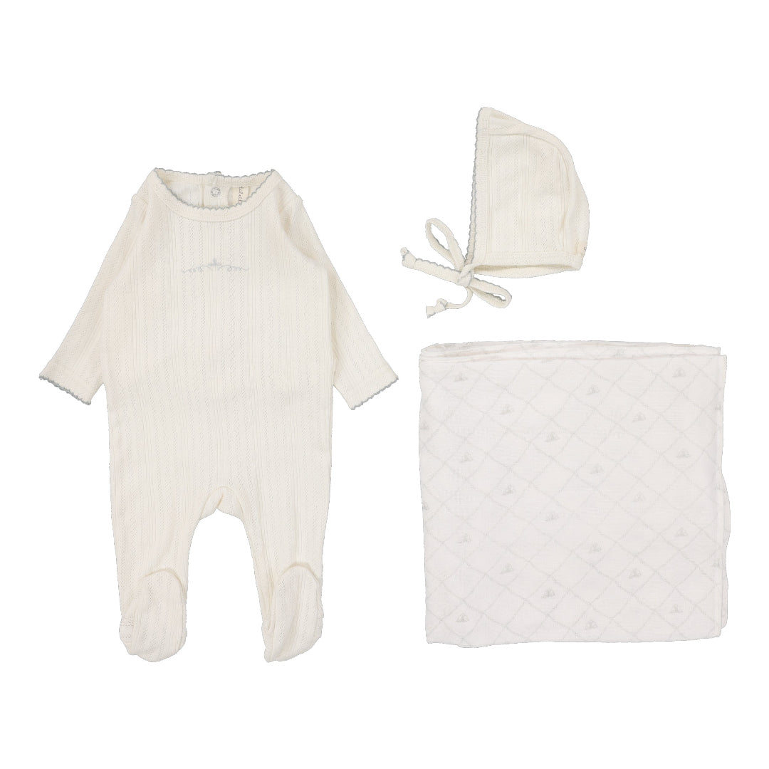 Cream/Blue Pointelle Graphic Layette  Set Crown