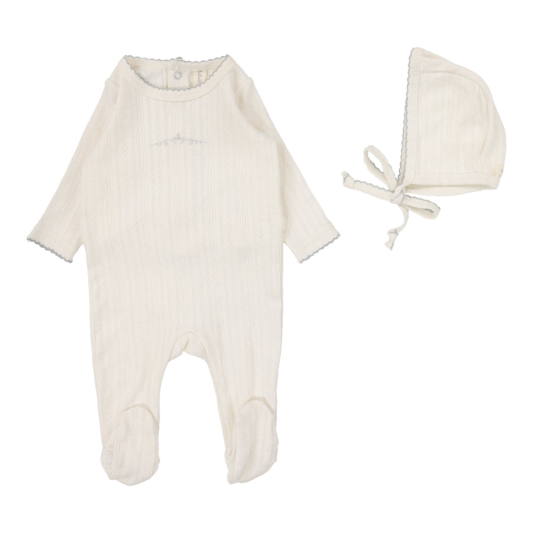 Cream/Blue Pointelle Crown Graphic Footie Set
