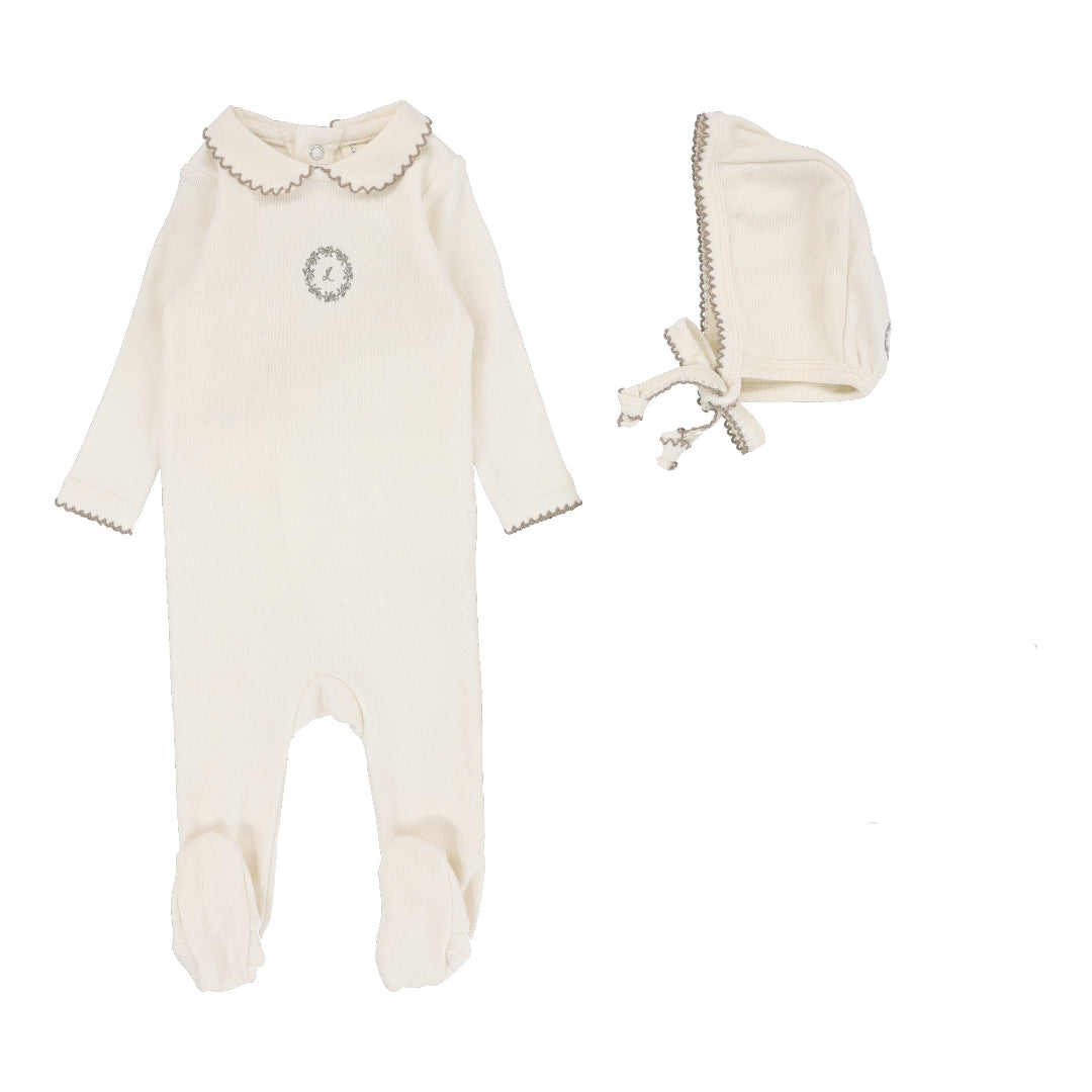 Cream/Oat Emblem Embroidered Footie Set