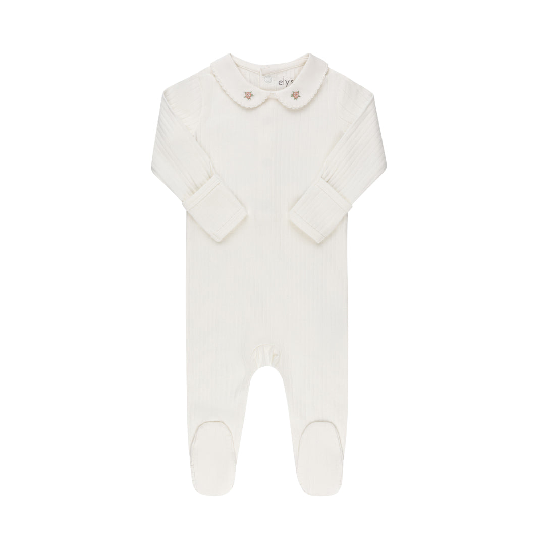 Ivory/Pink Wide Rib Rosebud Footie