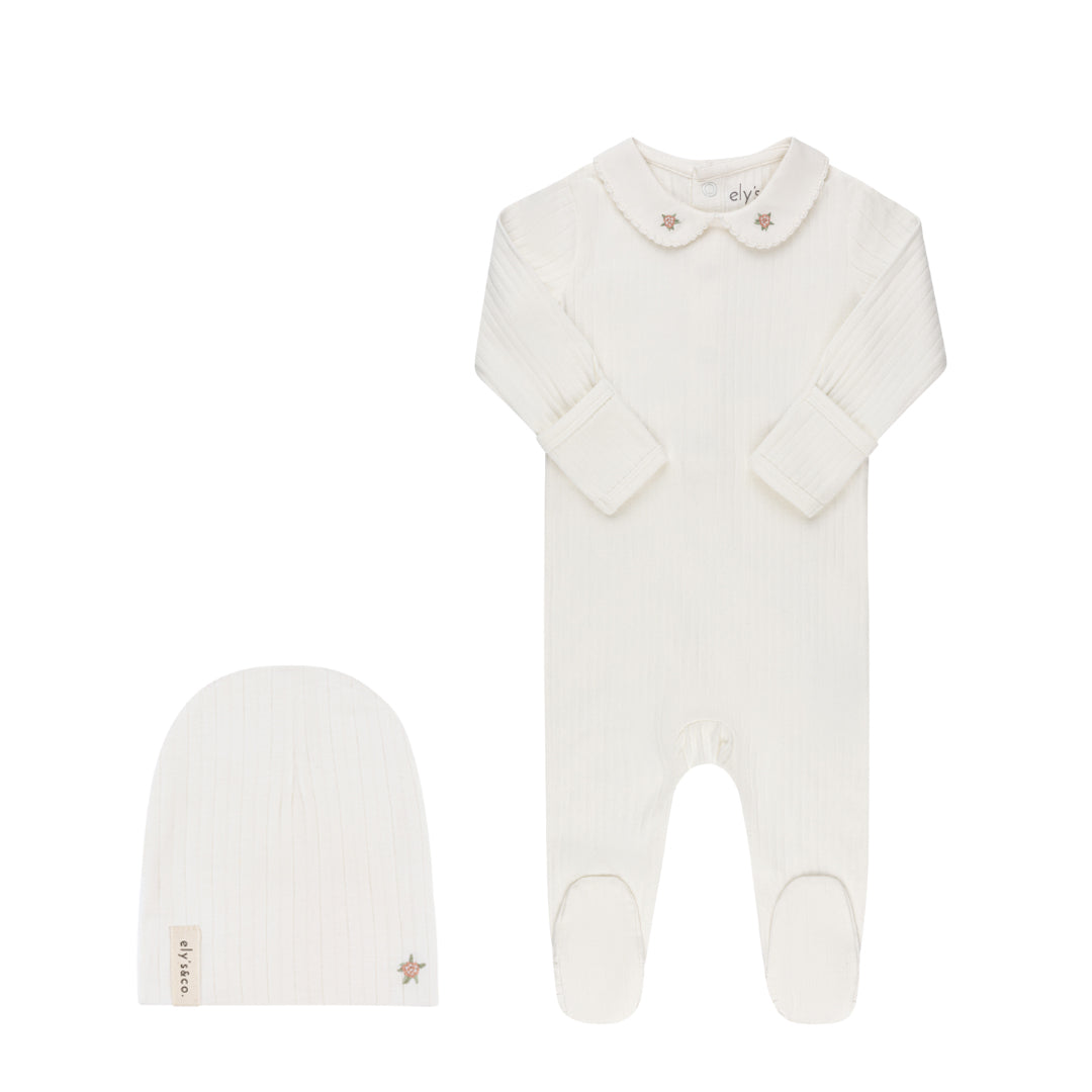 Ivory/Pink Wide Rib Rosebud Footie & Beanie