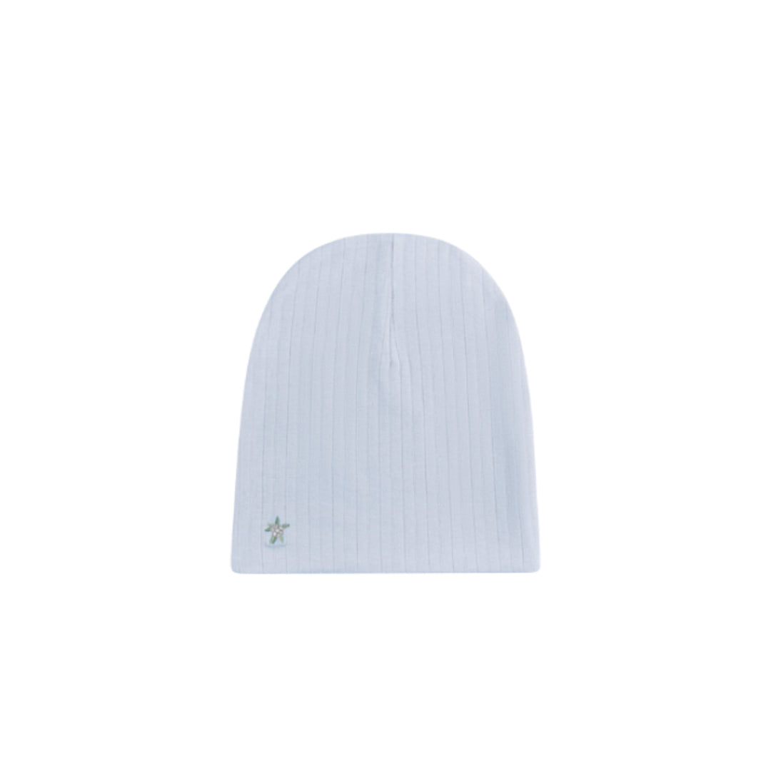 Blue Wide Rib Rosebud Beanie