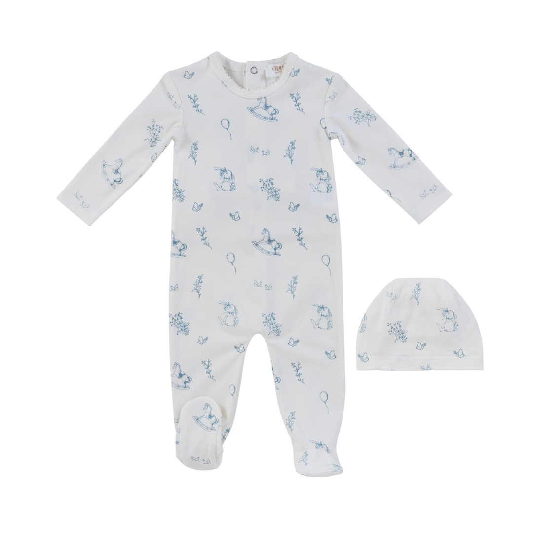Blue Toile Footie & Hat Set
