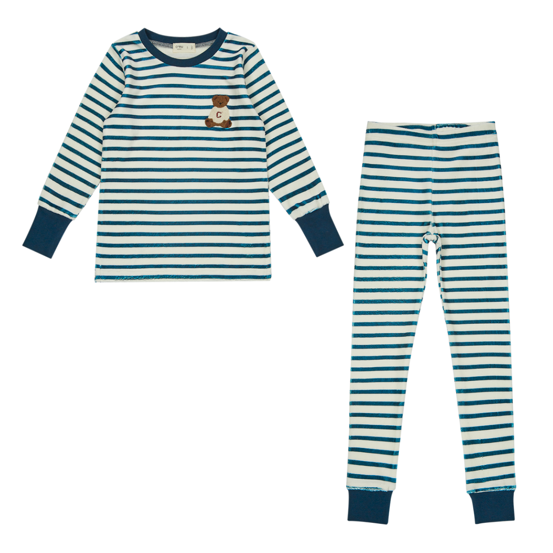 Green Velour Stripe Teddy Lounge Set