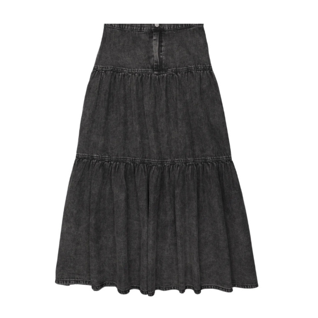 Black Wash Denim Tiered Maxi Skirt