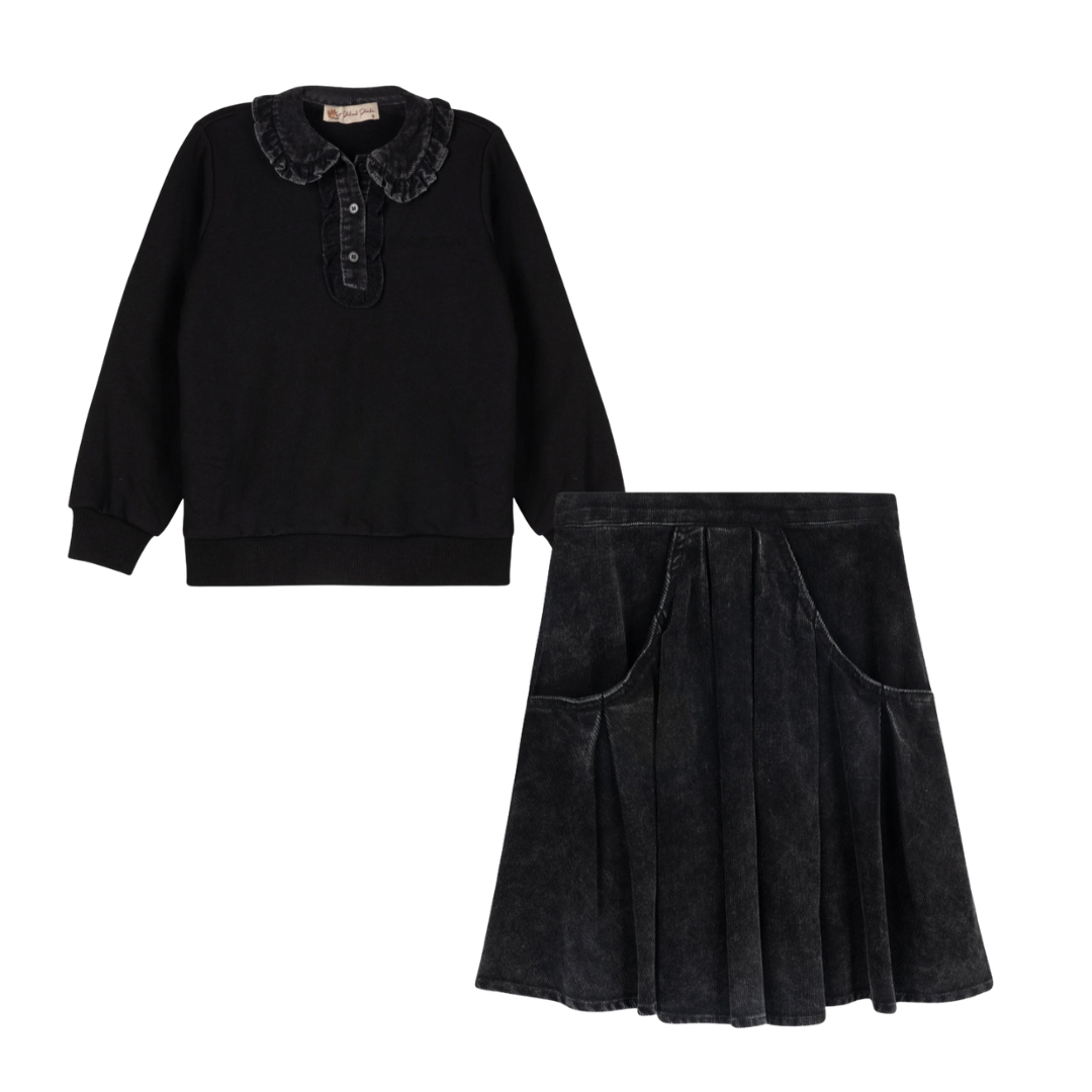 Black Tray Corduroy Sweatshirt +Skirt Set