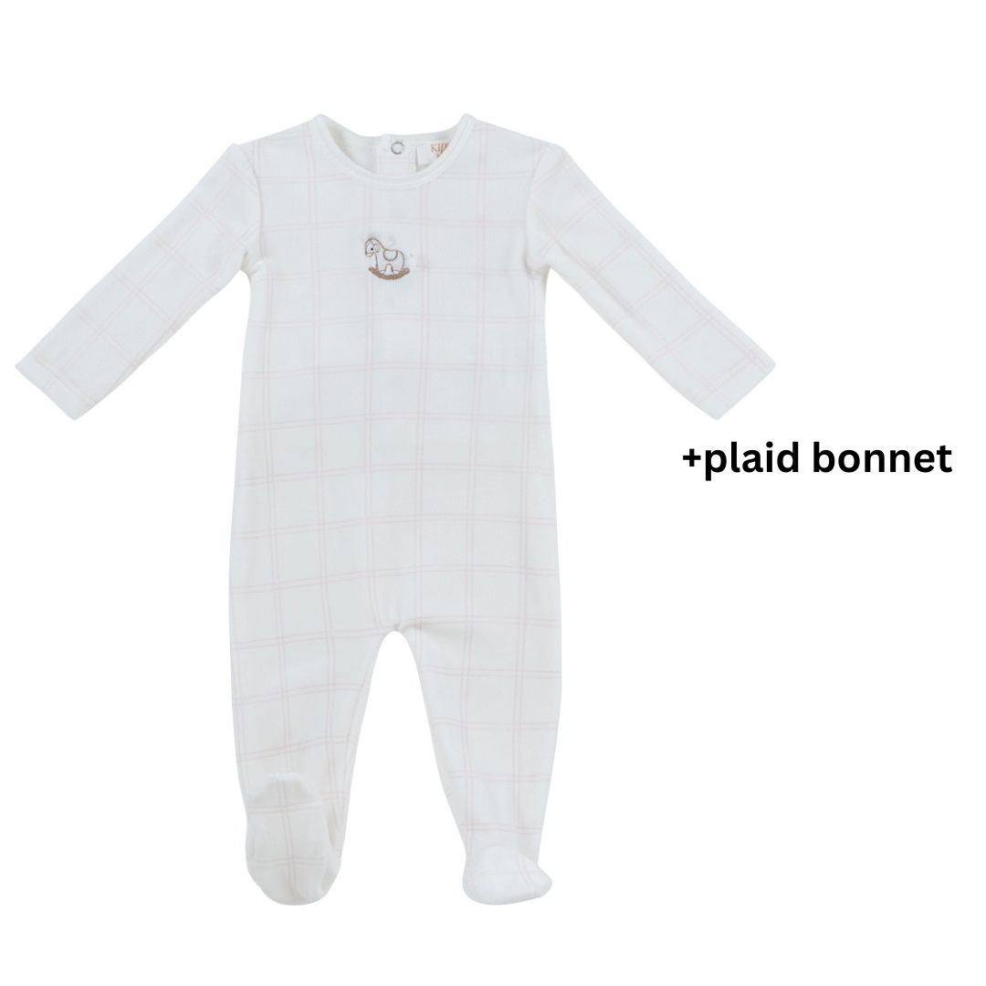 Pink Petit Ours Whinny Plaid Velour Footie and Hat Set