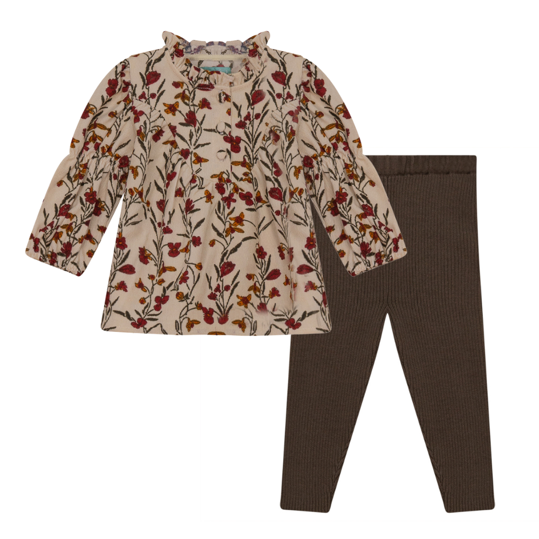 Pompomme Red Floral Corduroy Print Shirt & Legging Set